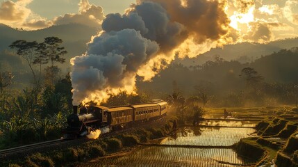 Fototapeta premium Majestic Vintage Train Journey Through Lush Rice Fields at Dawn with Dramatic Clouds and Scenic Mountains in the Background
