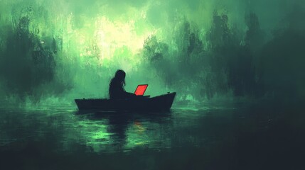 Fototapeta premium A solitary figure types on a laptop in a small boat surrounded by misty green waters and ethereal trees, portraying the fusion of technology and nature during twilight.