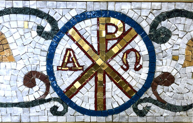 Alpha and omega, chi rho mosaic of mosaic country