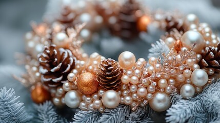Obraz premium Elegant Pearl and Crystal Wreath in Winter Theme. Generative AI