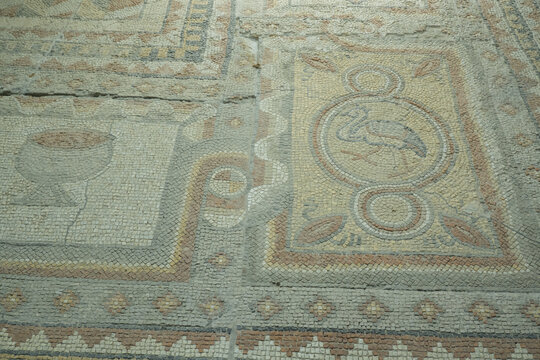 Floor mosaics from Byzantine times VI AD. They depicting walking birds, geometric ornaments and stylized fruits. Authors are unknown