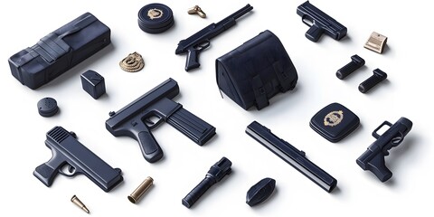 Obraz premium Theme: Police, Police Equipment, Police Station, Icon Set, Shapes, Objects, on White Background, Abstract Image, Texture, Pattern Background, Wallpaper, Cover and Screen of Smartphone, PC, Laptop, 9:1