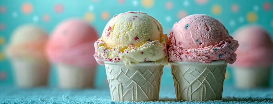 Wide panoramic Vintage style cover illustration background with colorful flavoured ice cream cones in blue color textured background  