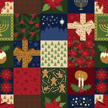 Vector Christmas cheat quilt seamless pattern background. Ideal for Christmas gifts and decorations. Perfect for wrapping, sewing, quilting and scrapbooking projects. Surface pattern design.