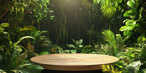 Lush jungle setting with a wooden platform bathed in warm sunlight, ideal for display.
