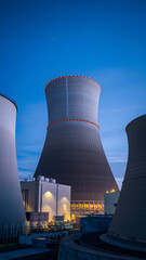 A nuclear power plant with cooling towers under a cloudy sky during dusk.