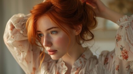Fototapeta premium Red-haired woman with loose updo, freckles, and blue eyes wearing a light floral blouse. She gazes softly, illuminated by warm natural light indoors
