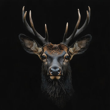 Majestic stag with intricate antlers captured in a stunning close-up on a dark background.
