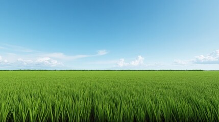 Fototapeta premium Lush green field under a clear blue sky with scattered clouds.