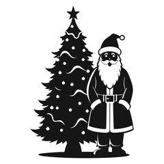 a silhouette style santa stand tree and flying with reindeer