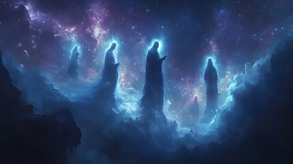 Glowing celestial figure of people in a cosmic mist with star and ethereal light in blue tone