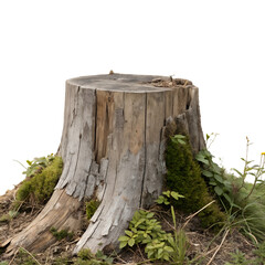 Fototapeta premium Close-Up of Tree Stump with Moss and Plants isolated on transparent background cutout, Png, Cutout
