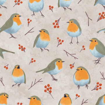Vector Autumn Robins in Berries background pattern print. Ideal for seasonal gifts and decorations. Perfect for fabric, wallpaper, wrapping, scrapbooking and stationery. Surface pattern design.