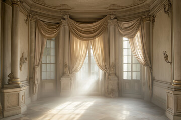 Architectural Photography of an Elegant Baroque Room with Flowing Drapes, Columns, Misty Atmosphere Photo Overlay

