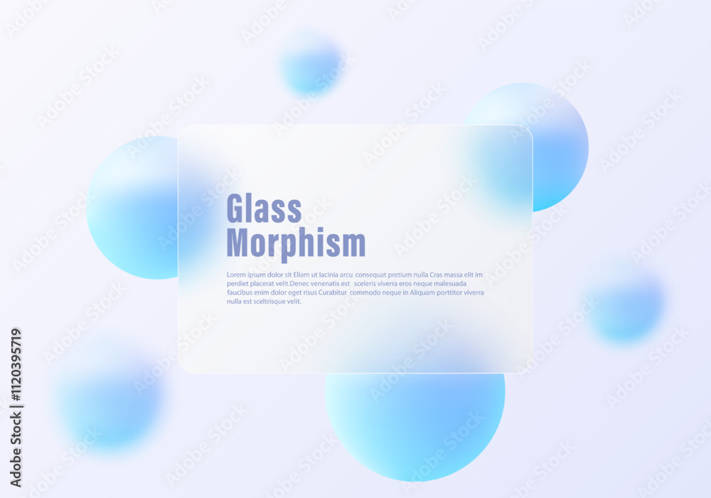 Poster glass morphism website landing page template. frosted glass partition with floating spheres.