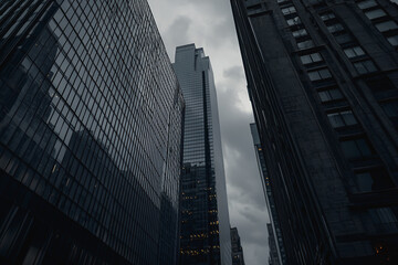 Fototapeta premium Dramatic urban skyscrapers under a moody overcast sky creating a somber cityscape. 