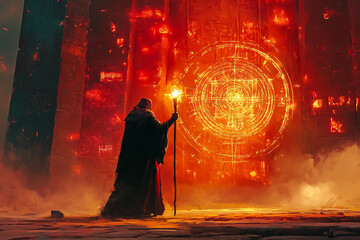 A high priest raises a torch amidst swirling smoke, invoking ancient powers at ancient stone ruins illuminated by fire