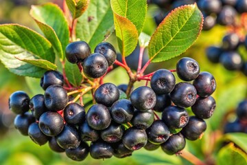A vibrant cluster of ripe chokeberries hanging on a branch, surrounded by lush green leaves in a sunlit garden.