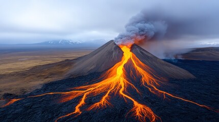 Erupting volcano with flowing lava and smoke in a dramatic landscape.