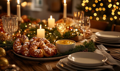 A festive arrangement of soft pretzels dusted with salt, served with a creamy dip, surrounded by holiday decorations.