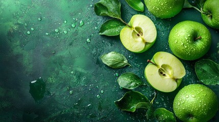 Green apples and leaves on a textured green surface