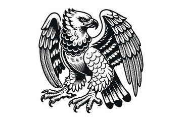 Eagle gargoyle in black line art, traditional old-school tattoo style