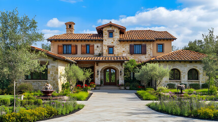 Fototapeta premium Historic Tuscan Stone Farmhouse with Cypress Grove and Vineyard Views, Luxury Chianti Valley Estate