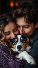 Pareja de jovenes apuestos adoptando cachorro de perro, concepto de cariño a los perros.  Linda mascota canina.