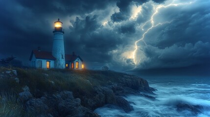 Dramatic lightning storm illuminates a historic lighthouse at night © Emiliia