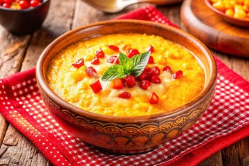 Delicious yellow cornmeal porridge served in rustic ceramic bowl, presented on wooden table with a cozy, country-style setting