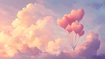 Fototapeta premium Heart Shaped Balloons Soaring Through Pastel Clouds