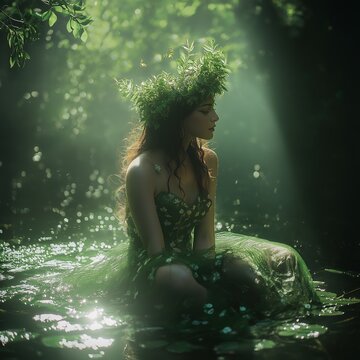A woman adorned in green embodies nature's beauty in a serene setting.