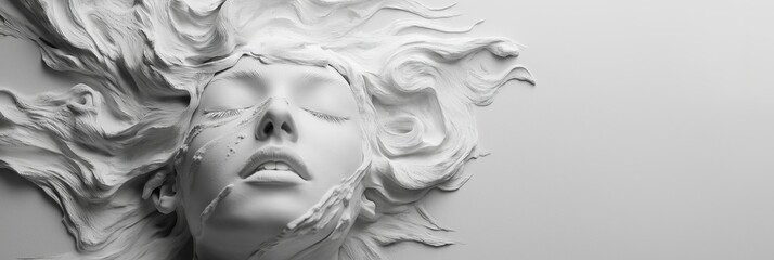 Fototapeta premium A striking portrait featuring flowing hair and a textured, cracked surface that evokes depth and emotion.
