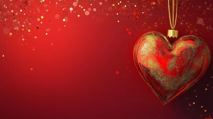 Obraz premium A red heart with gold glitter is hanging from a red background