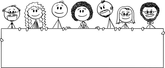 Big smiling multiracial diverse team holding empty sign , vector cartoon stick figure or character illustration.