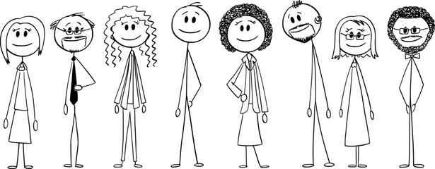 Big smiling multiracial diverse team, set, vector cartoon stick figure or character illustration.
