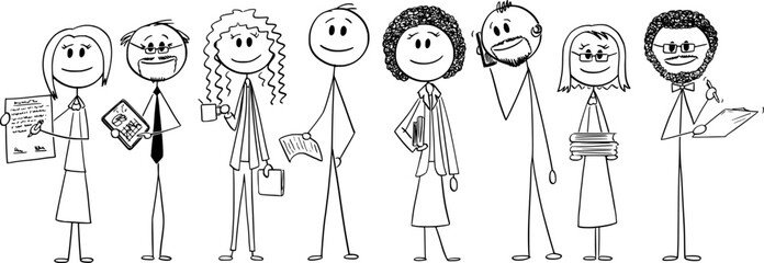 Big smiling multiracial diverse busy business team, set, vector cartoon stick figure or character illustration.