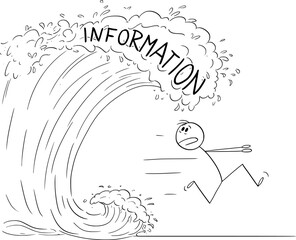 Person running away from wave of information, vector cartoon stick figure or character illustration.