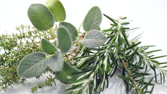 Aromatic herbs over white background. Thyme, rosemary, sage salvia fresh green leaves for cooking. Condiments, seasonings, Aromatherapy oils ingredients. Close up 