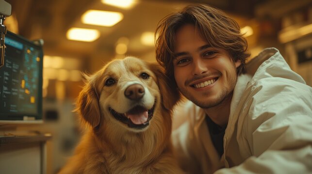 Muestra de cari&ntilde;o de un veterinario a su perro.

Concepto de salud, animal y bienestar con ayuda de cl&iacute;nicas veterinarias.