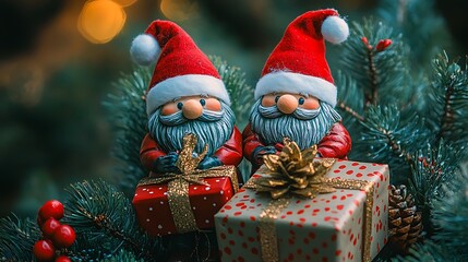 Obraz premium Christmas gnomes preparing gifts, captured in a vertical format.