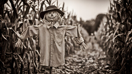 Obraz premium A cartoon scarecrow stands in a cornfield, wearing a hat and holding a stick. The scarecrow has a smiling face and straw hands, with corn plants in the background under a cloudy sky.