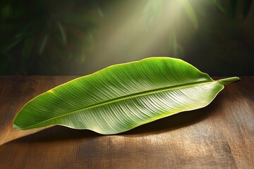 A vibrant green leaf rests on a dark wooden surface, bathed in sunlight.