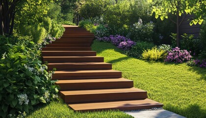 Brown wooden stairs in a private house, with landscaping elements like green grass and flowers surrounding the staircase