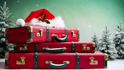 A stack of red vintage suitcases with a Santa hat on top, set against a snowy green background with falling snowflakes, christmas travel bags, olg suitcase, created with generative ai - Powered by Adobe