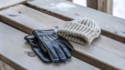 winter gloves and knitted winter hat lie on blurred winter background.