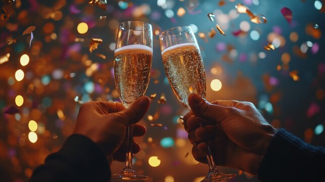 Dos manos brindando con champ&aacute;n en una festividad importante.
