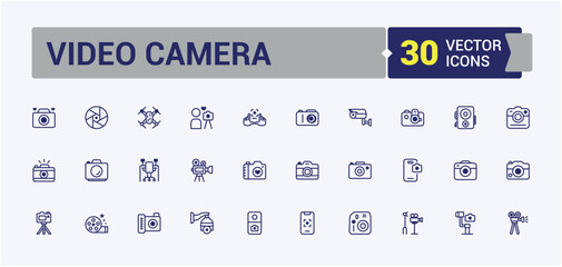 Video Camera line icon collections. Includes icons for slr, web, digital, camera, isolated and more. Simple icon designs. Vector icons editable stroke.