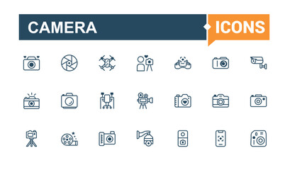 Camera linear icon collection. Contains related to digital, hand, projector, image, app, shoot, lens and more. Outline symbol collection.