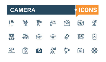 Camera linear icon collection. Contains related to digital, hand, projector, image, app, shoot, lens and more. Outline symbol collection.